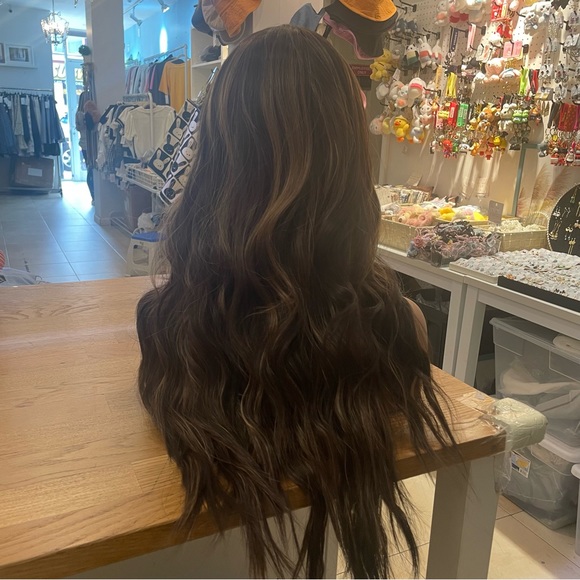 - Human hair blend brown /blonde highlights wig with bang main image 6